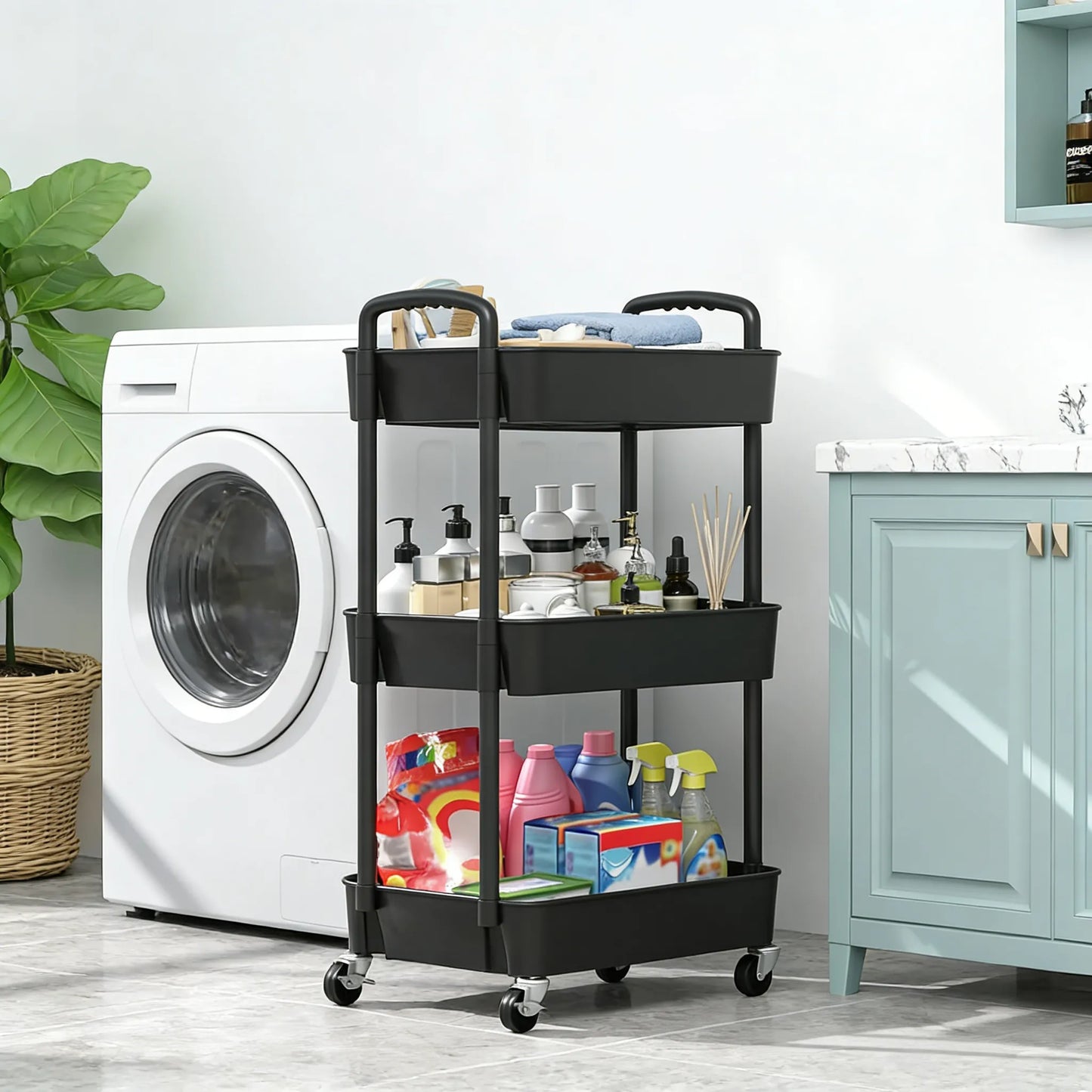 3-Tier Plastic Rolling Cart with Handle, Easy to Move for Kitchen, Living Room & Office