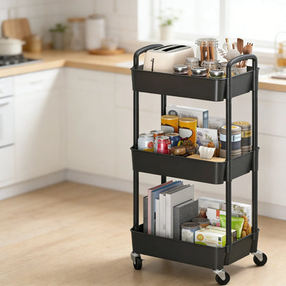 3-Tier Plastic Rolling Cart with Handle, Easy to Move for Kitchen, Living Room & Office