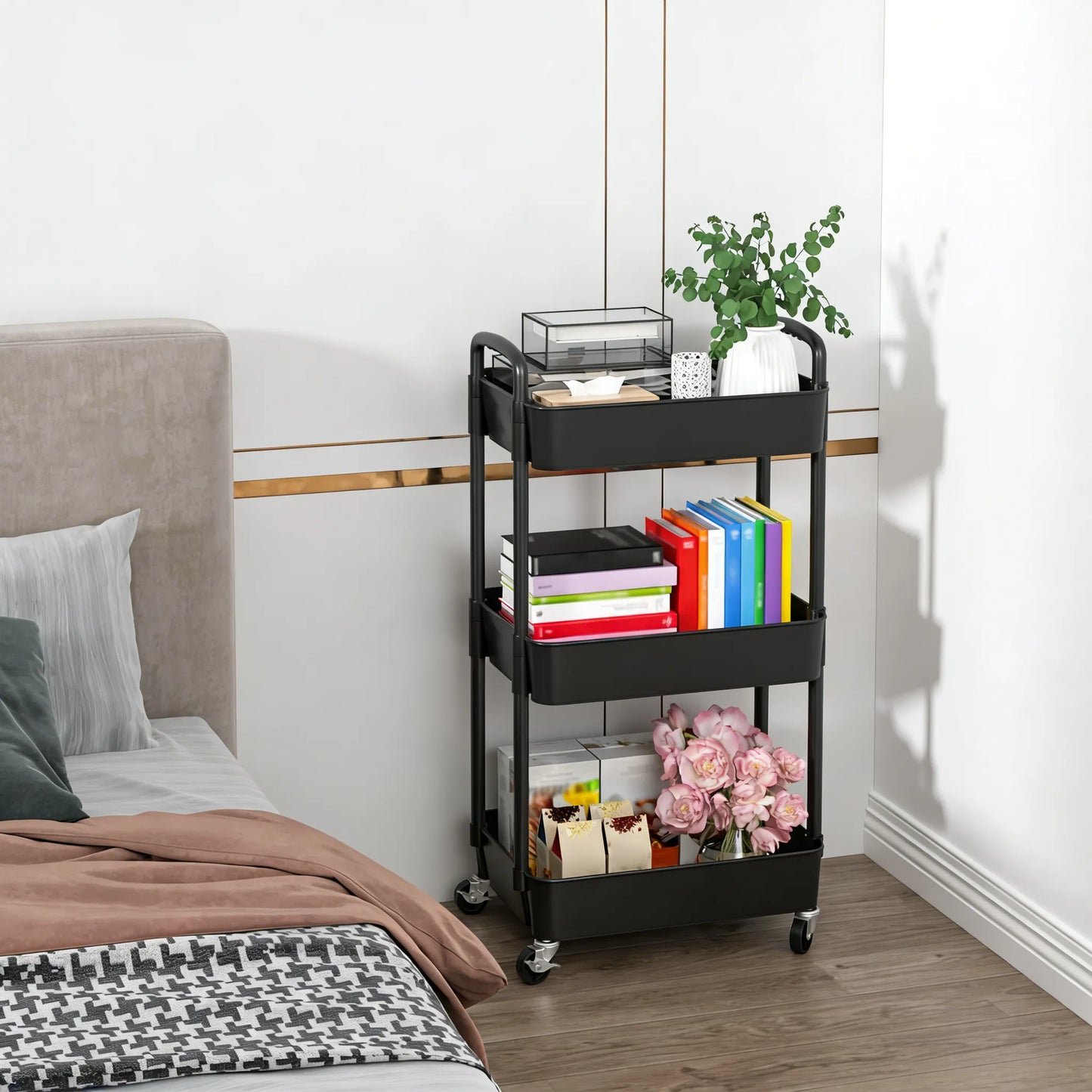 3-Tier Plastic Rolling Cart with Handle, Easy to Move for Kitchen, Living Room & Office