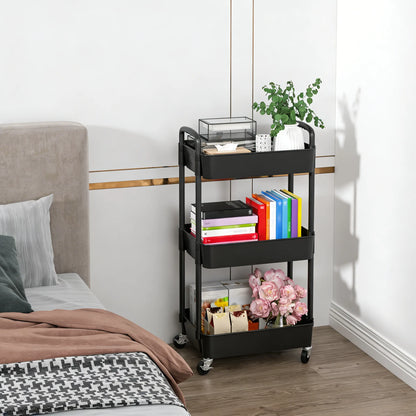 3-Tier Plastic Rolling Cart with Handle, Easy to Move for Kitchen, Living Room & Office