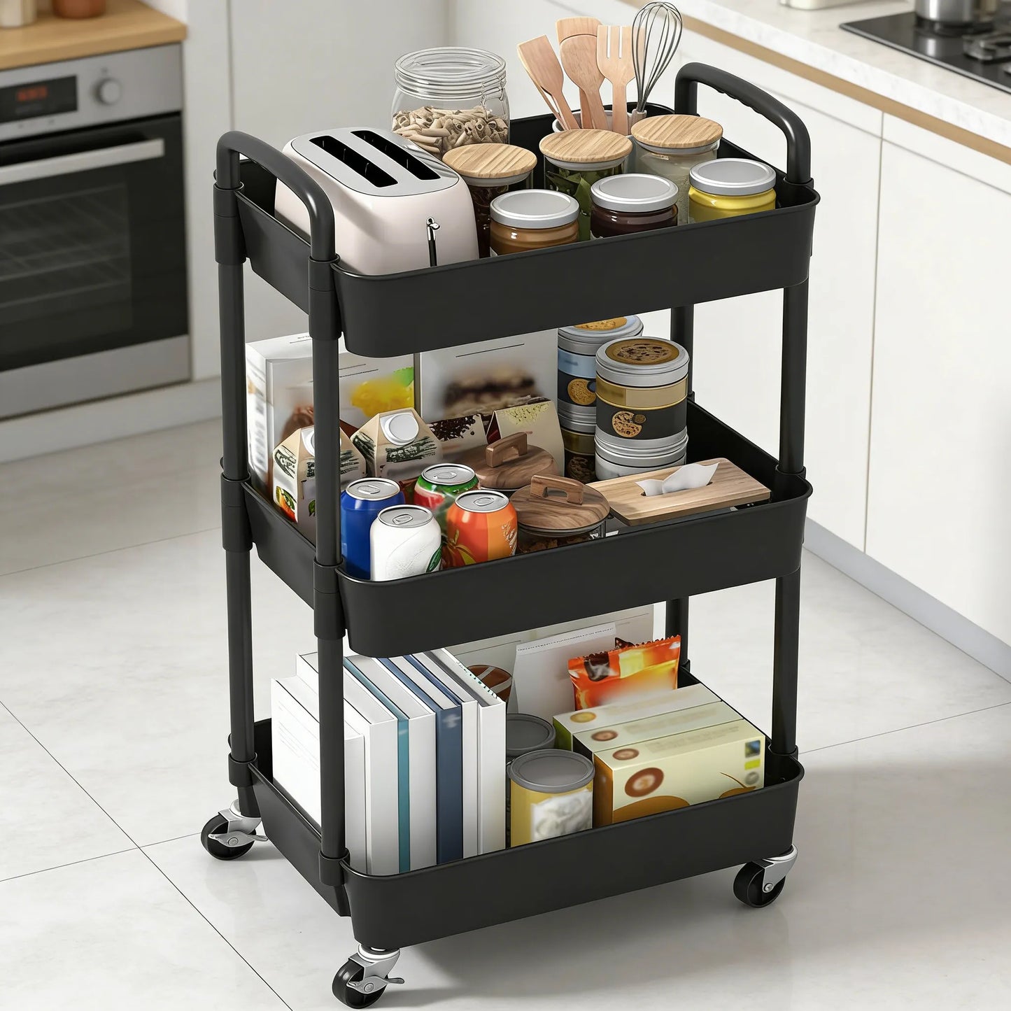 3-Tier Plastic Rolling Cart with Handle, Easy to Move for Kitchen, Living Room & Office