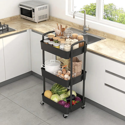 3-Tier Plastic Rolling Cart with Handle, Easy to Move for Kitchen, Living Room & Office