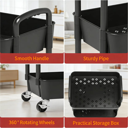 3-Tier Plastic Rolling Cart with Handle, Easy to Move for Kitchen, Living Room & Office