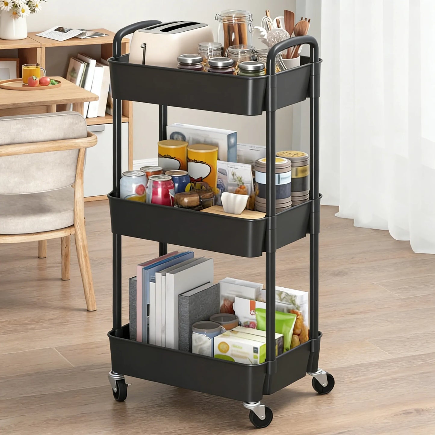 3-Tier Plastic Rolling Cart with Handle, Easy to Move for Kitchen, Living Room & Office