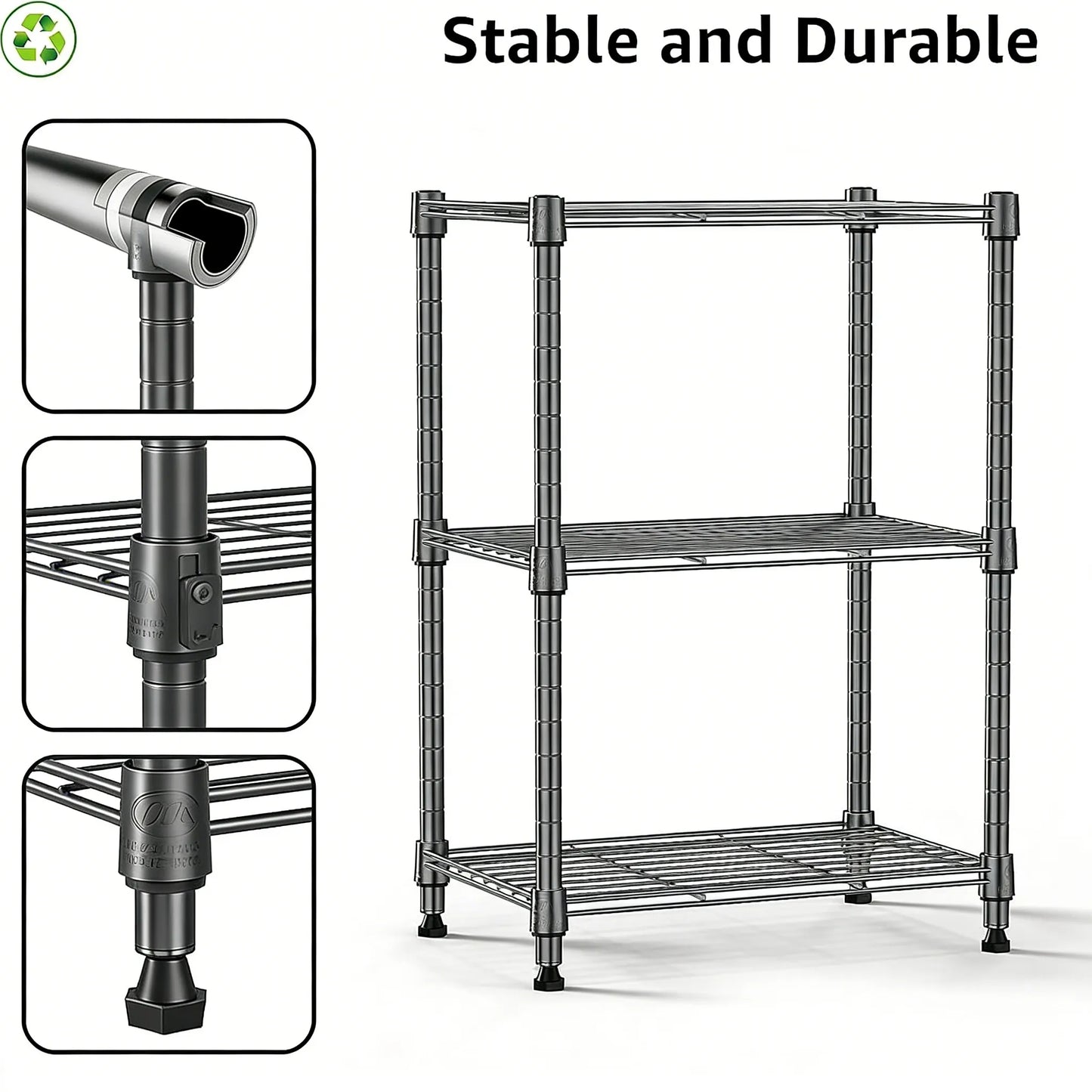 3-Tier Steel Rack, 450 lbs Capacity for Home & Office