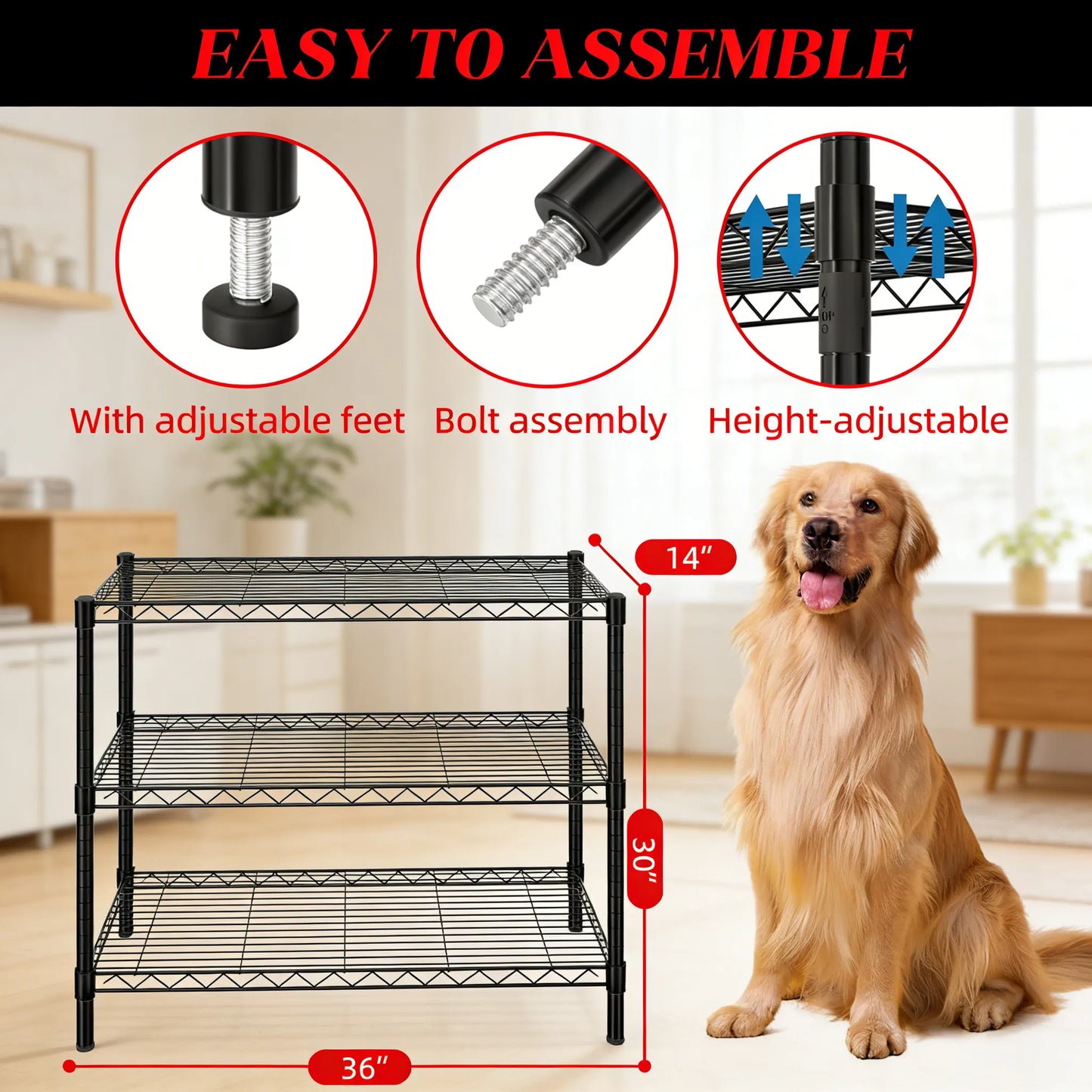 3-Tier Adjustable Metal Rack, Multi-Scene Storage